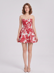 Strapless Sweetheart Floral Jacquard A-Line Mini Homecoming Dresses with Lace-Up Back