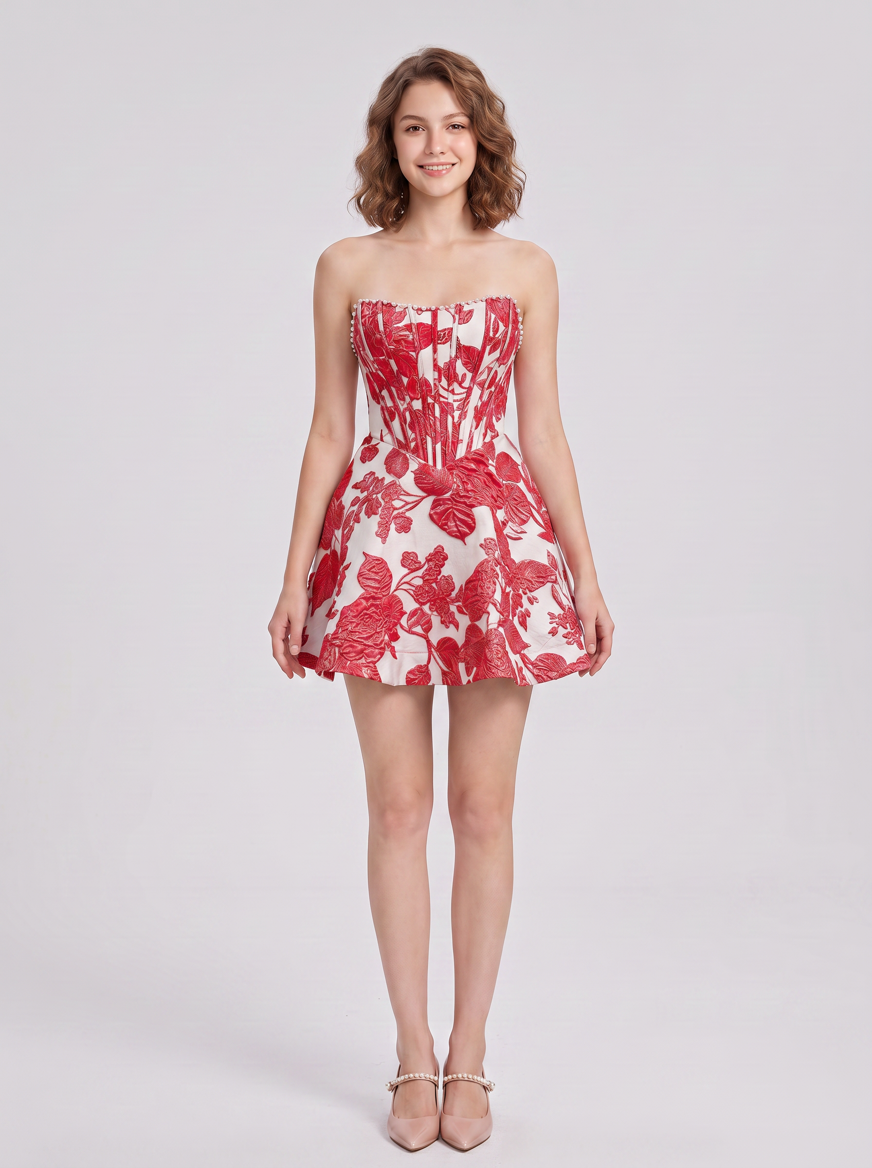 Strapless Sweetheart Floral Jacquard A-Line Mini Homecoming Dresses with Lace-Up Back