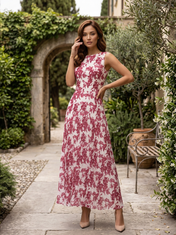Burgundy and White Floral Chiffon Crew Neck Pleated A-Line Floor-Length Gown Dress