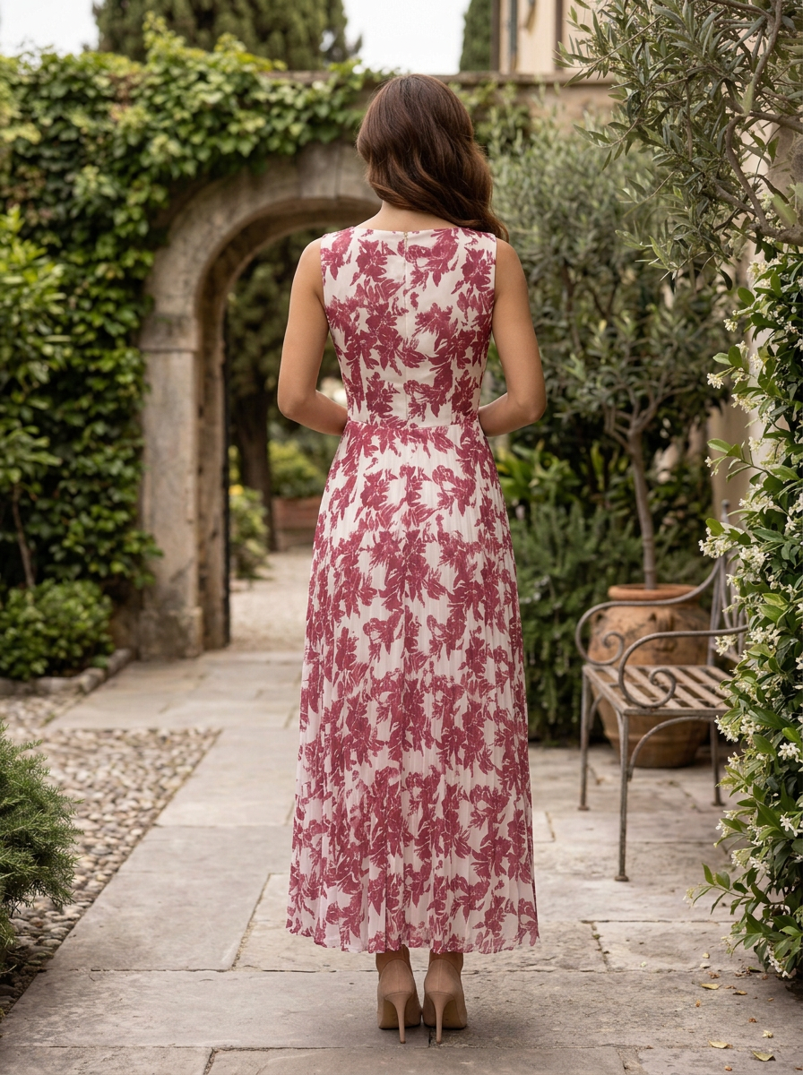 Burgundy and White Floral Chiffon Crew Neck Pleated A-Line Floor-Length Gown Dress