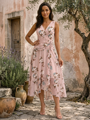 Pink and Blue Floral Chiffon V-Neck Wrap High-Low Midi-Length Dress