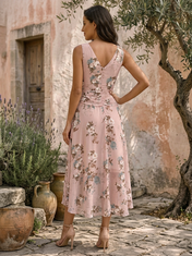Pink and Blue Floral Chiffon V-Neck Wrap High-Low Midi-Length Dress