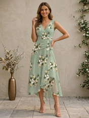 Sage Green Floral Chiffon V-Neck Wrap High-Low Midi-Length Dress