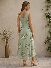 Sage Green Floral Chiffon V-Neck Wrap High-Low Midi-Length Dress