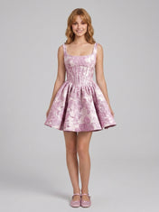 Square Neck Floral Jacquard A-Line Mini Homecoming Dresses with Lace-Up Back