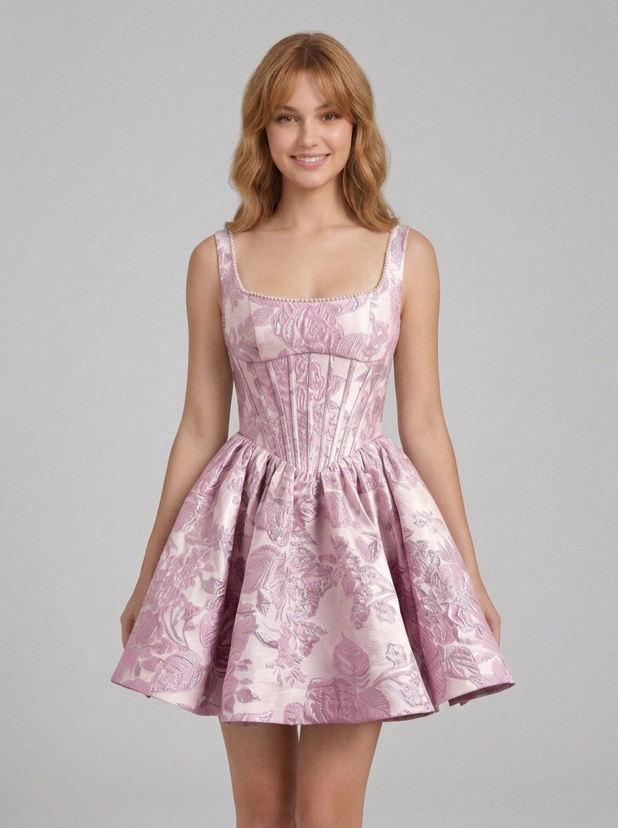 Square Neck Floral Jacquard A-Line Mini Homecoming Dresses with Lace-Up Back