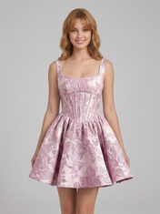 Square Neck Floral Jacquard A-Line Mini Homecoming Dresses with Lace-Up Back