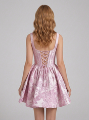 Square Neck Floral Jacquard A-Line Mini Homecoming Dresses with Lace-Up Back