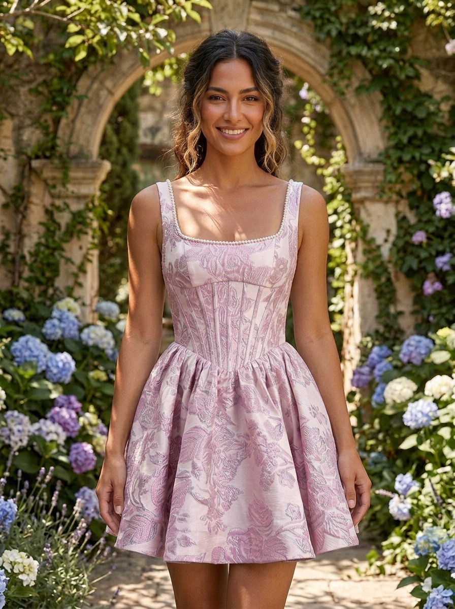 Square Neck Floral Jacquard A-Line Mini Homecoming Dresses with Lace-Up Back