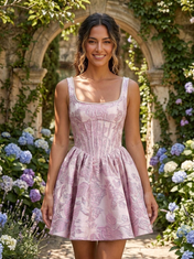 Square Neck Floral Jacquard A-Line Mini Homecoming Dresses with Lace-Up Back