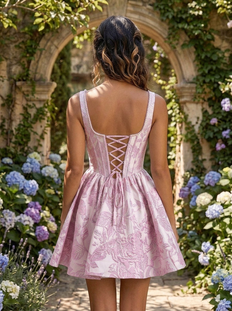 Square Neck Floral Jacquard A-Line Mini Homecoming Dresses with Lace-Up Back