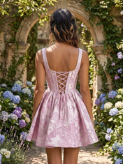 Square Neck Floral Jacquard A-Line Mini Homecoming Dresses with Lace-Up Back