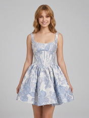 Square Neck Floral Jacquard A-Line Mini Homecoming Dresses with Lace-Up Back