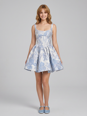 Square Neck Floral Jacquard A-Line Mini Homecoming Dresses with Lace-Up Back