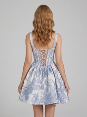Square Neck Floral Jacquard A-Line Mini Homecoming Dresses with Lace-Up Back