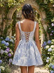Square Neck Floral Jacquard A-Line Mini Homecoming Dresses with Lace-Up Back