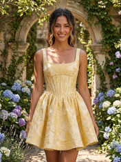Square Neck Floral Jacquard A-Line Mini Homecoming Dresses with Lace-Up Back