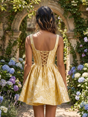 Square Neck Floral Jacquard A-Line Mini Homecoming Dresses with Lace-Up Back