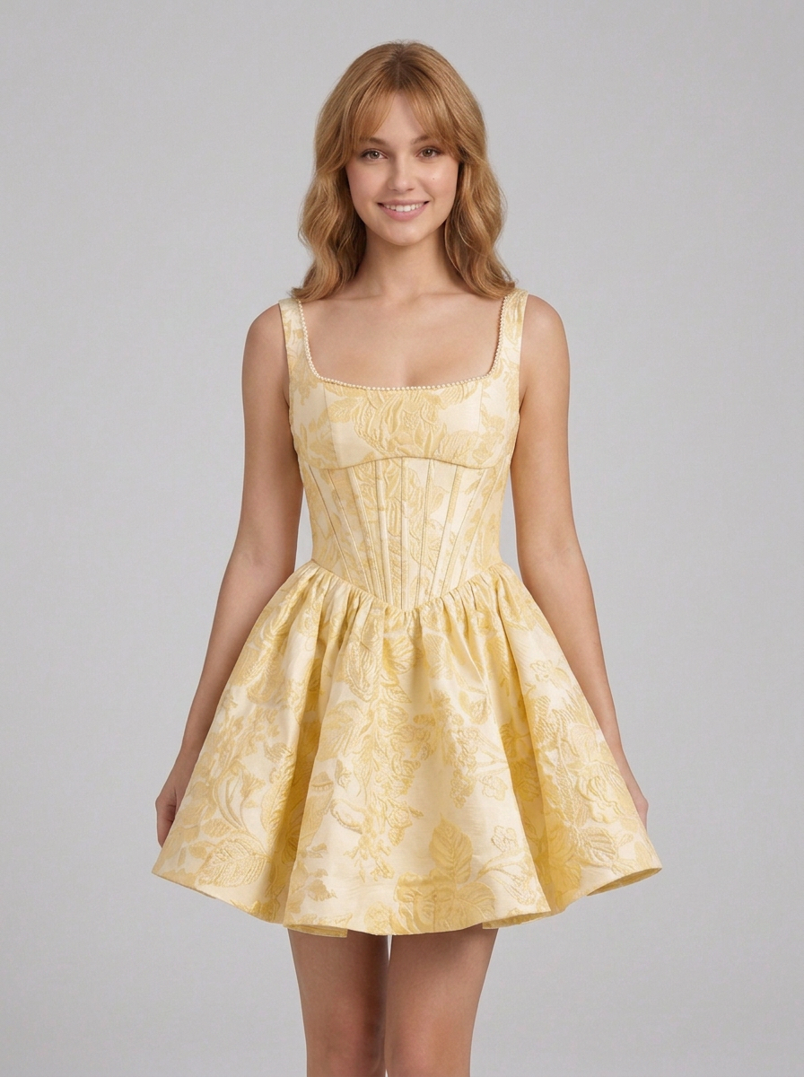 Square Neck Floral Jacquard A-Line Mini Homecoming Dresses with Lace-Up Back