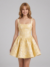 Square Neck Floral Jacquard A-Line Mini Homecoming Dresses with Lace-Up Back