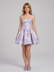 Square Neck Floral Jacquard A-Line Mini Homecoming Dresses with Lace-Up Back