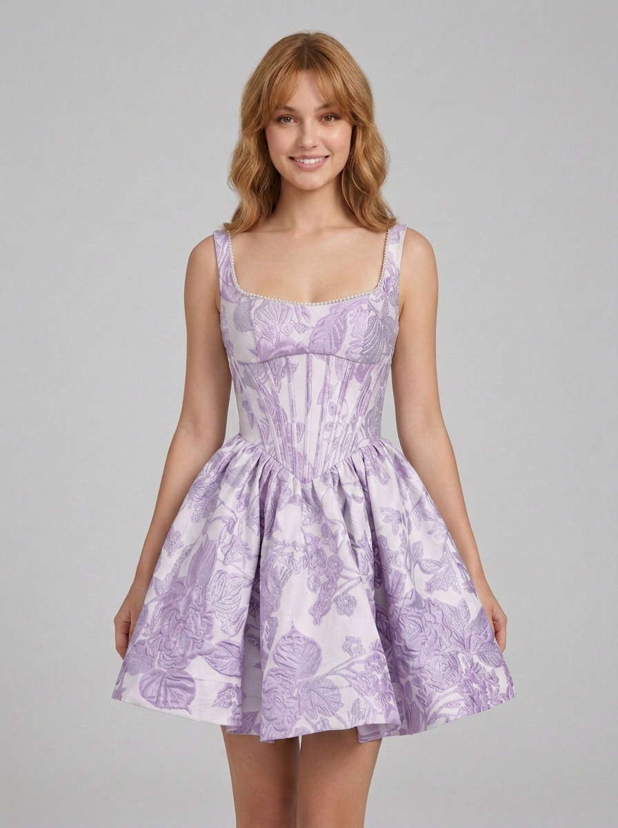 Square Neck Floral Jacquard A-Line Mini Homecoming Dresses with Lace-Up Back