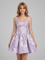 Square Neck Floral Jacquard A-Line Mini Homecoming Dresses with Lace-Up Back