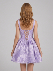 Square Neck Floral Jacquard A-Line Mini Homecoming Dresses with Lace-Up Back