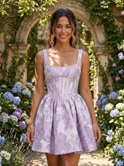 Square Neck Floral Jacquard A-Line Mini Homecoming Dresses with Lace-Up Back