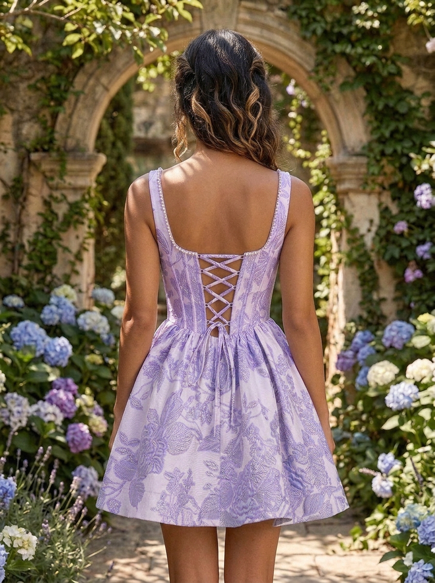 Square Neck Floral Jacquard A-Line Mini Homecoming Dresses with Lace-Up Back