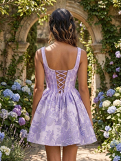 Square Neck Floral Jacquard A-Line Mini Homecoming Dresses with Lace-Up Back