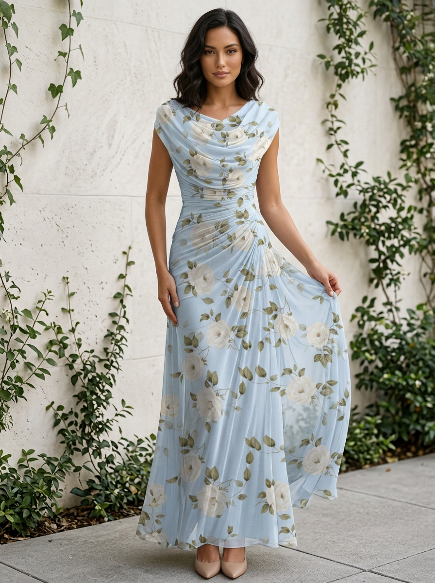 Light Blue Floral Chiffon Cowl Neck Ruched Sheath Floor-Length Gown Dress