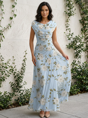 Light Blue Floral Chiffon Cowl Neck Ruched Sheath Floor-Length Gown Dress