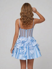 Spaghetti Strap Sweetheart 3D Flower A-Line Mini Homecoming Dresses with Zip Back