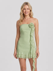 Strapless Ruffle 3D Flower Sheath Mini Homecoming Dresses with Lace-Up Back