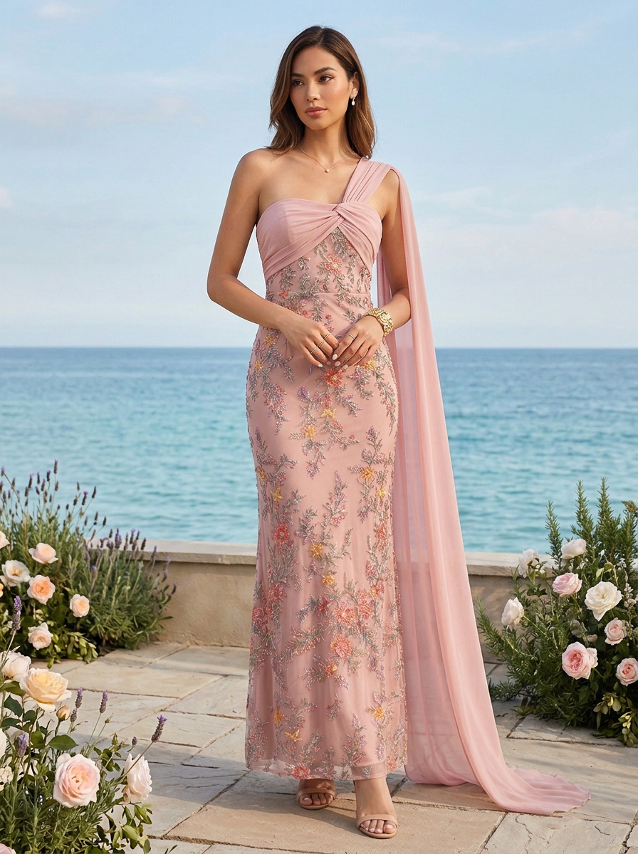 Dusty Pink Floral Embroidered One-Shoulder Sheath Floor-Length Gown Dress