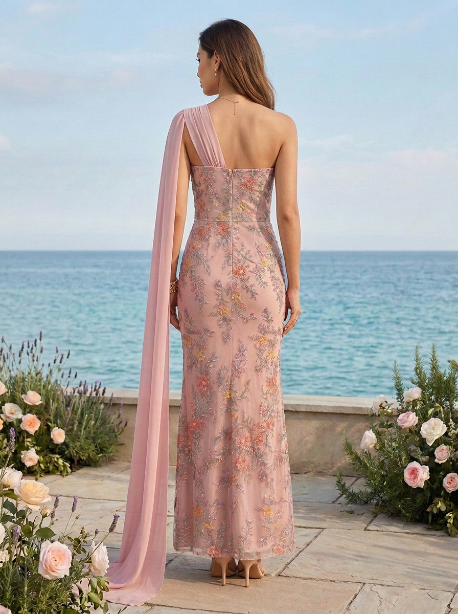 Dusty Pink Floral Embroidered One-Shoulder Sheath Floor-Length Gown Dress