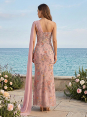 Dusty Pink Floral Embroidered One-Shoulder Sheath Floor-Length Gown Dress