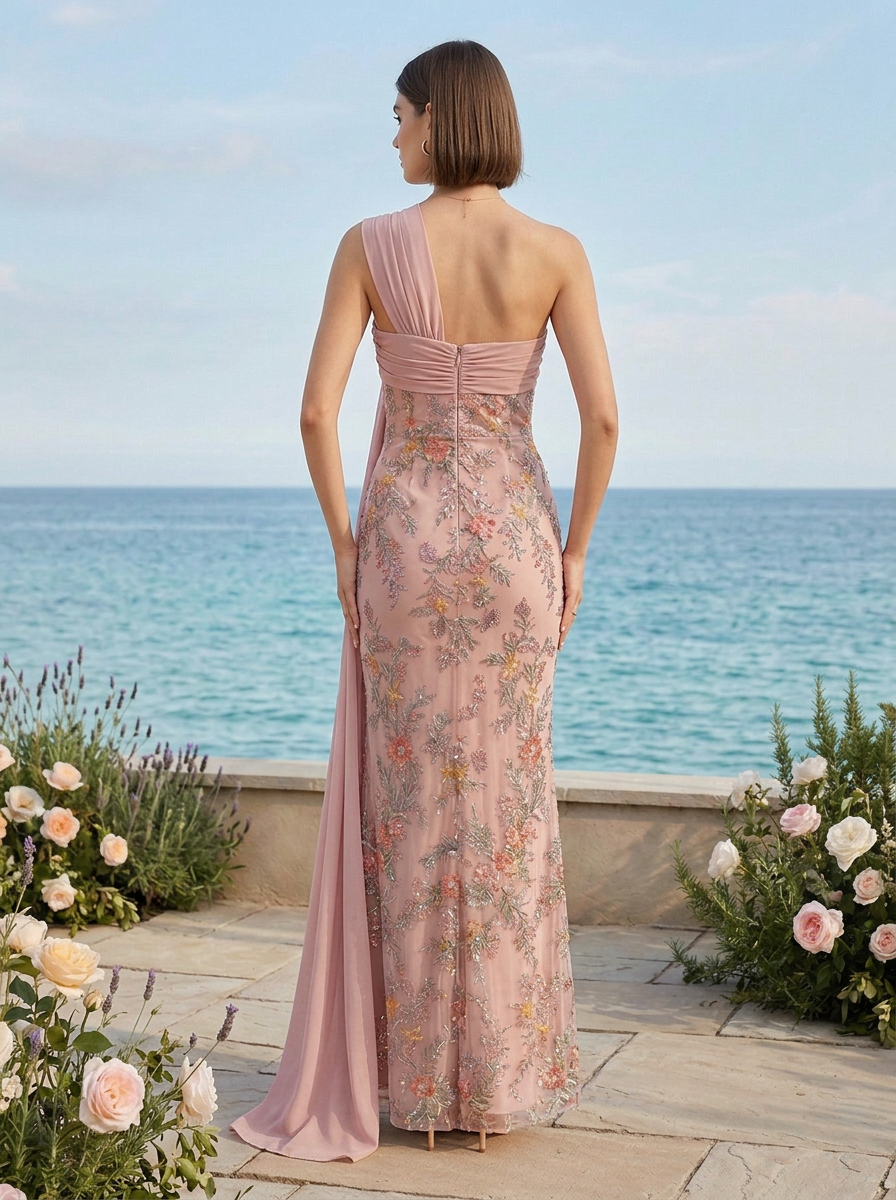 Dusty Pink Floral Embroidered One-Shoulder Sheath Floor-Length Gown Dress