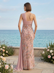 Dusty Pink Floral Embroidered One-Shoulder Sheath Floor-Length Gown Dress