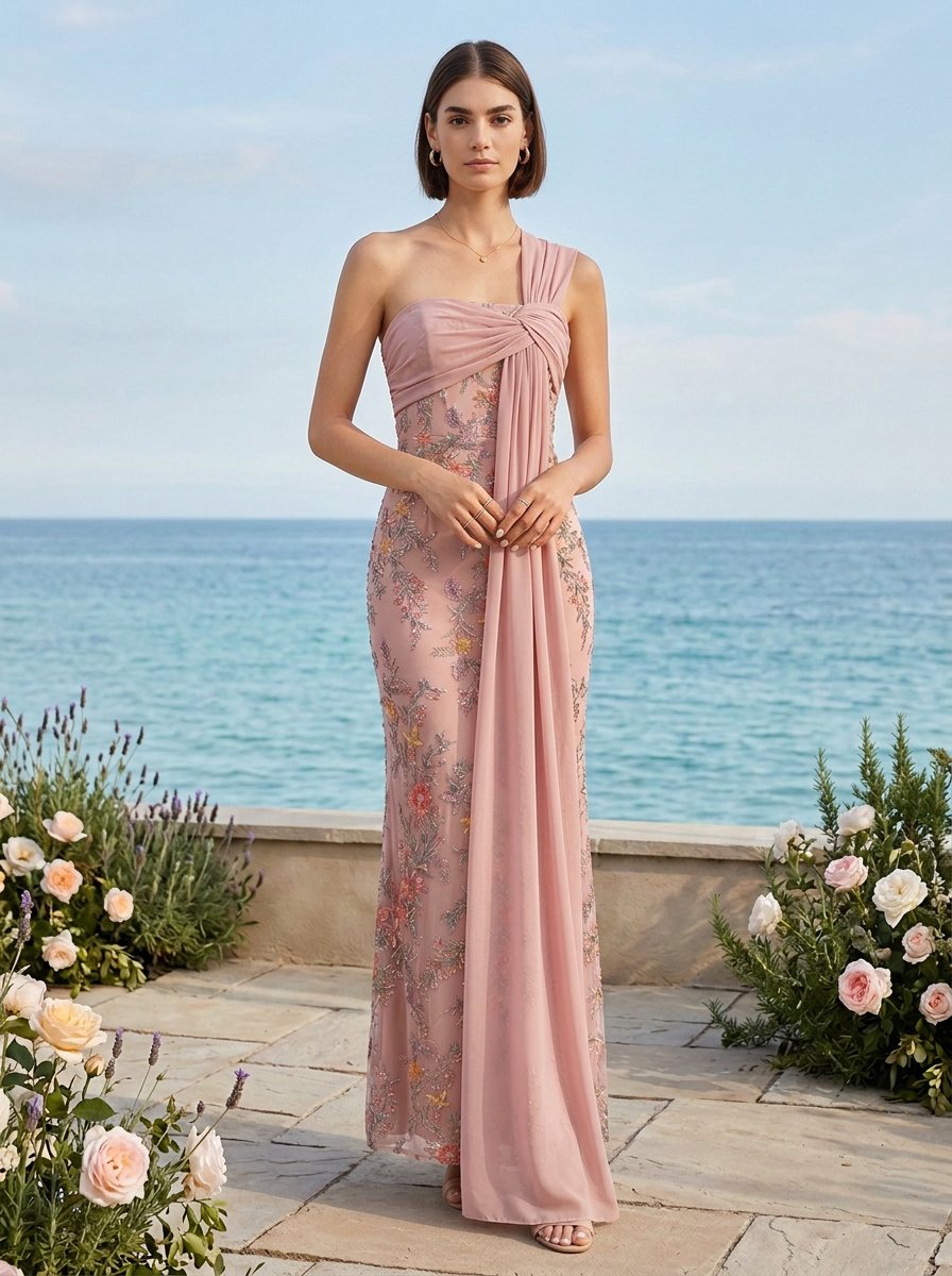 Dusty Pink Floral Embroidered One-Shoulder Sheath Floor-Length Gown Dress