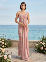 Dusty Pink Floral Embroidered One-Shoulder Sheath Floor-Length Gown Dress