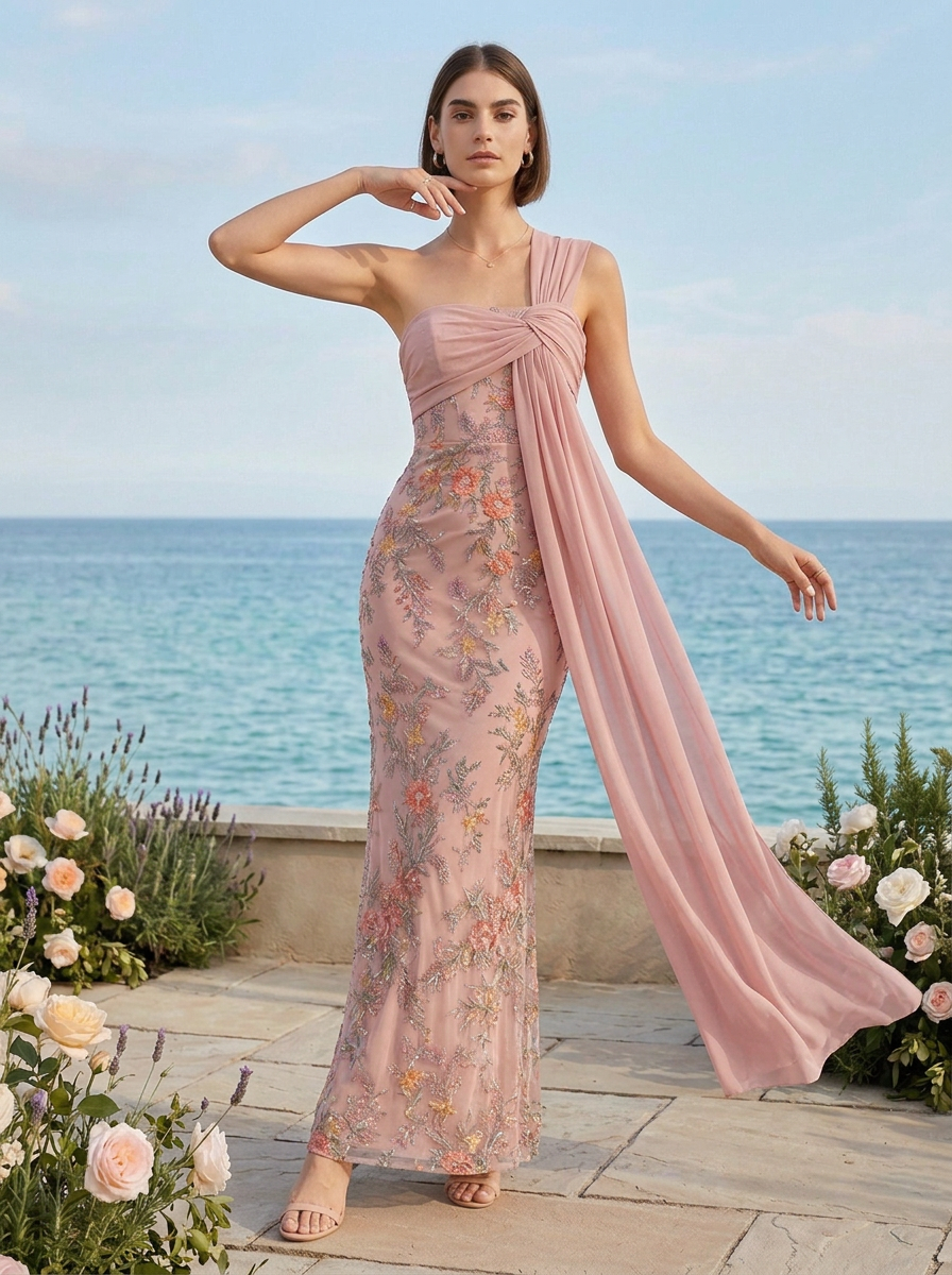 Dusty Pink Floral Embroidered One-Shoulder Sheath Floor-Length Gown Dress