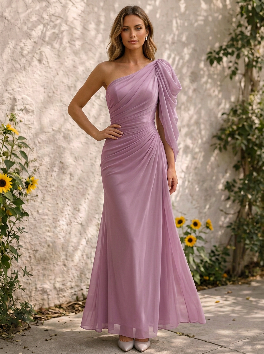 Lavender Purple One-Shoulder Ruched Chiffon Floor-Length Gown Dress