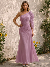 Lavender Purple One-Shoulder Ruched Chiffon Floor-Length Gown Dress