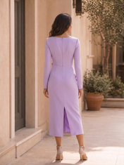 Lavender Square Neck Long-Sleeve Rosette Accented Midi Cocktail Dress