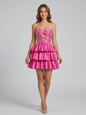 Strapless Sweetheart Cutout Tiered Ruffle A-Line Mini Homecoming Dresses with Lace-Up Back