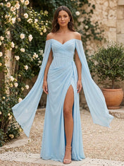 Light Blue Off-The-Shoulder Ruched Split Chiffon Floor-Length Gown Dress