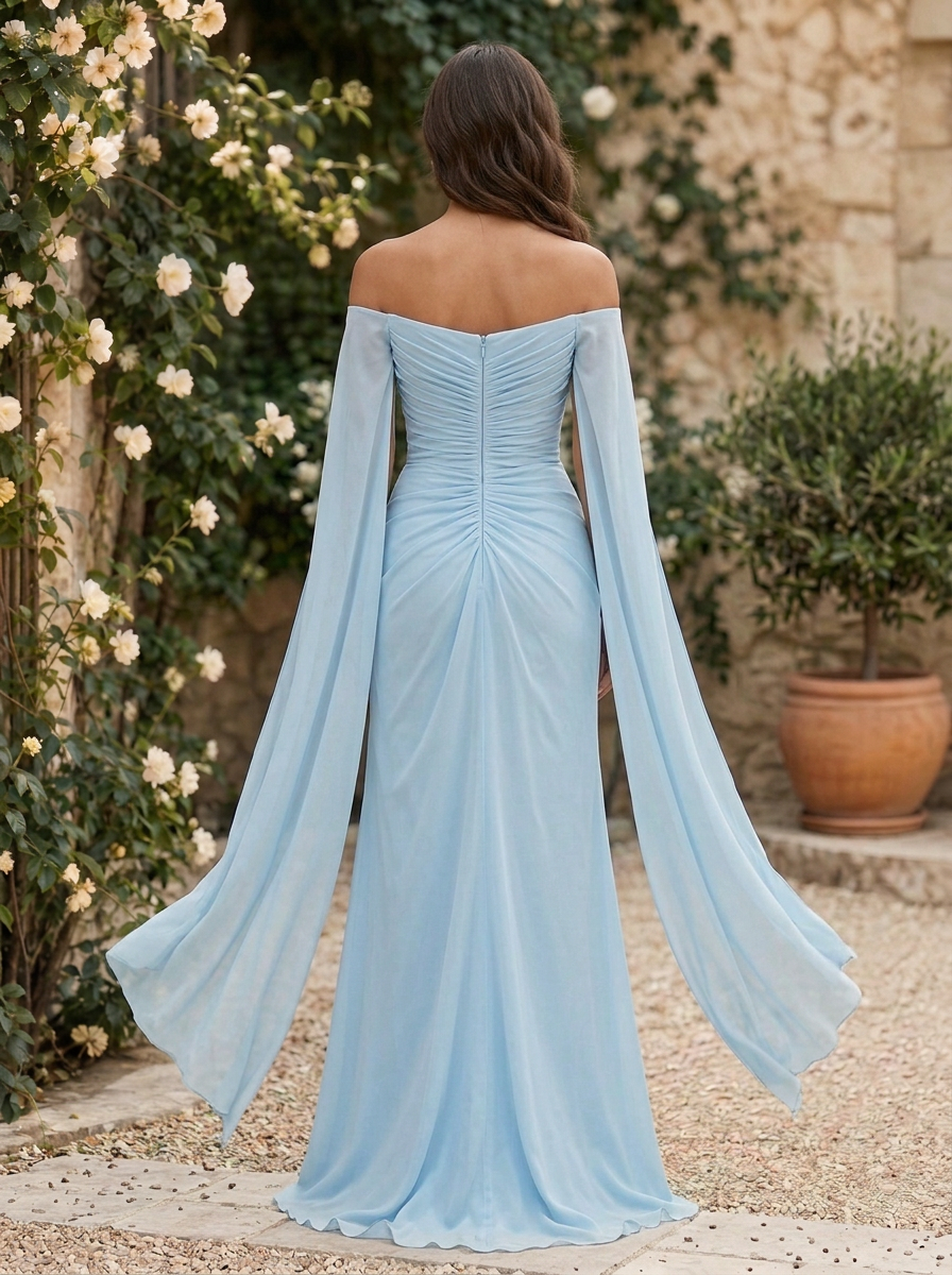 Light Blue Off-The-Shoulder Ruched Split Chiffon Floor-Length Gown Dress