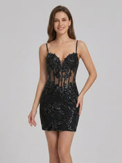 Sleeveless V-Neck Sequin Applique Bodycon Mini Homecoming Dresses with Cutout Back